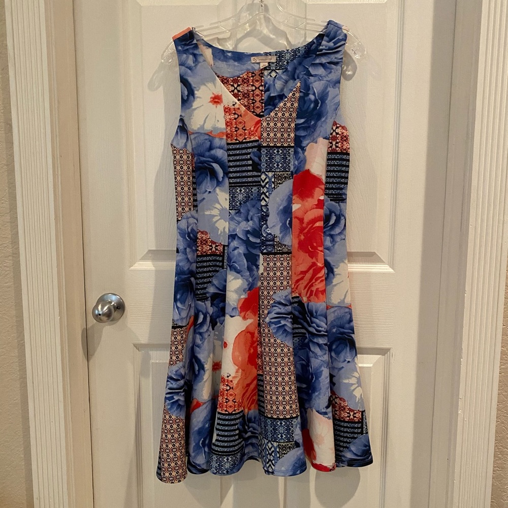 V-neck A-line blue multi print dress - 10